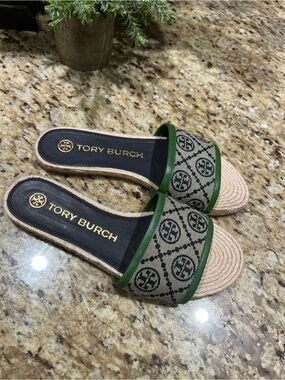 Tory Burch T Monogram Green-Trim Logo Slide Espadrille Sandals 7M